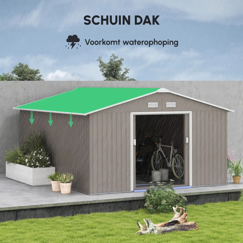 Outsunny Tuinschuur, Weerbestendig Tuinhuis voor Tuingereedschap, met Ventilatieramen, Schuifdeuren, Staal, Lichtgrijs