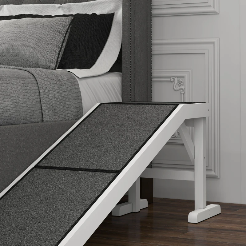 PawHut Rampa para Mascotas de Madera con Alfombra Antideslizante para Perros Pequeños o Mayores 152x40x50 cm Blanco y Gris