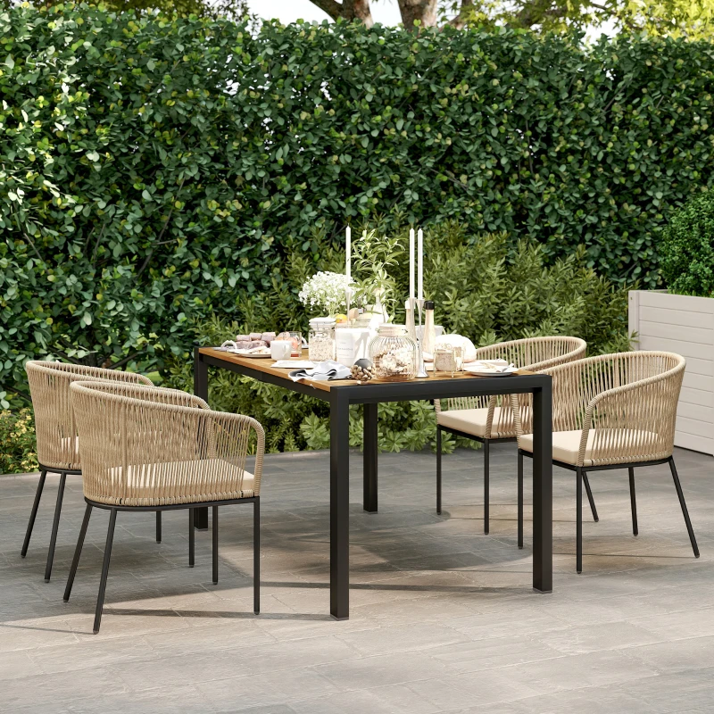 Outsunny 5-teiliges Gartenmöbel-Set, 4 Stühle, 1 Tisch, Kunst-Rattan, Stahlgestell, waschbare Kissen, für Terrasse, Khaki