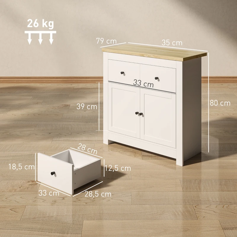 HOMCOM Kommode mit viel Stauraum, Sideboard mit Soft-Close-Türen, 2 Schubladen, verstellbares Regal, Weiß(m-3)