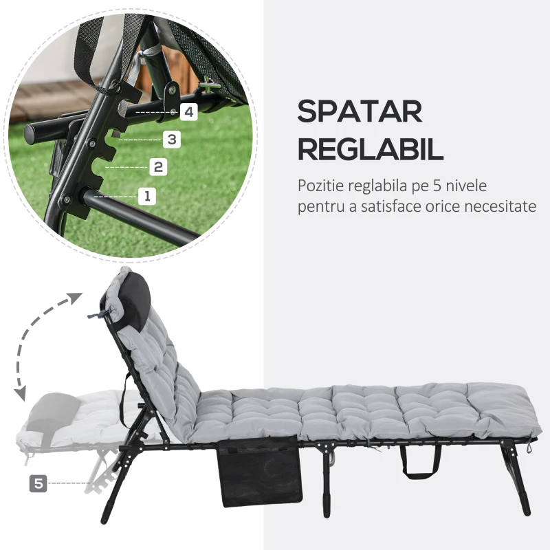 Outsunny Șezlong de Plajă Pliabil cu Spătar Reglabil, Pernă, Suport pentru Cap și Buzunar, 58x189x32.5 cm, Gri Deschis