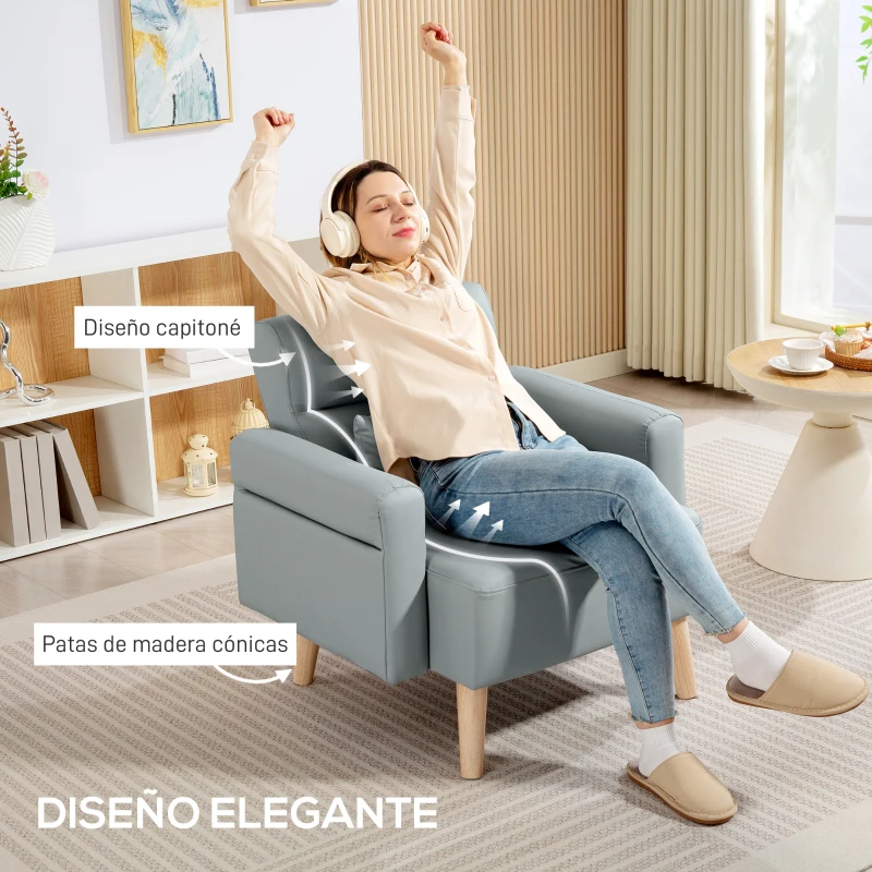 HOMCOM Sillón Tapizado en Cuero Sintético Respaldo con Costuras y Patas de Madera para Salón o Dormitorio 77x78x78 cm Gris
