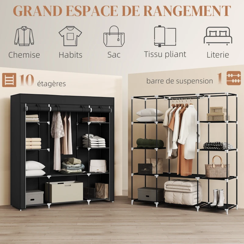 HOMCOM Armoire de rangement penderie en tissu pliable avec barre de suspension et étagères, 150 x 43 x 162,5 cm, noir
