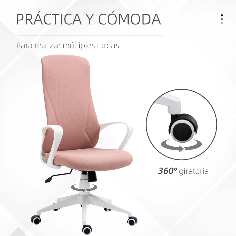 Vinsetto Silla de Oficina Giratoria Altura Ajustable con Reposabrazos Función de Basculante Respaldo Alto 62x56x110-119,5cm Rosa