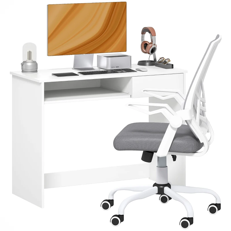 Vinsetto Home Office Chair and Computer Desk Set, Mesh Chair with with 90° Flip-up Armrest, Study Desk with Keyboard Tray and Drawer, White and Grey