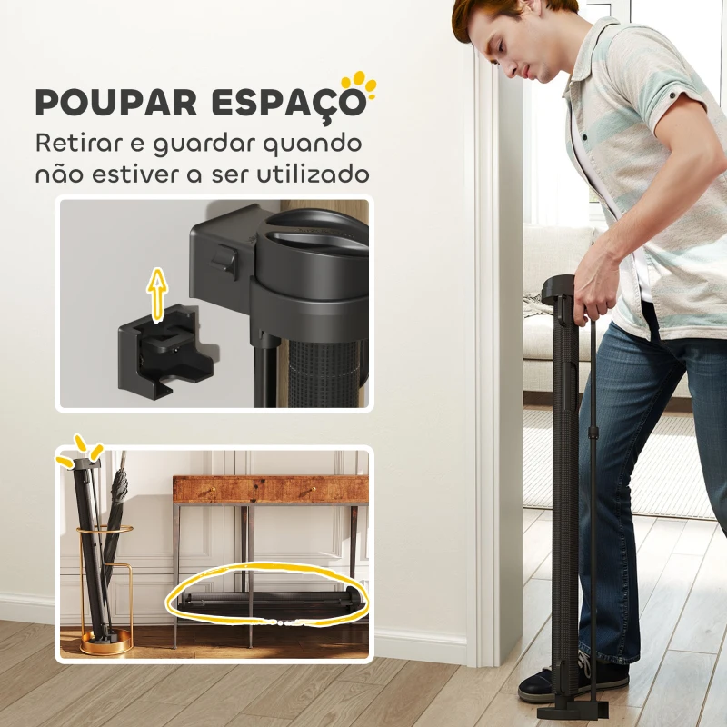 PawHut Barreira de Segurança para Cães Retrátil 0-136 cm  para Cães Pequenos com Botão de Fecho Preto