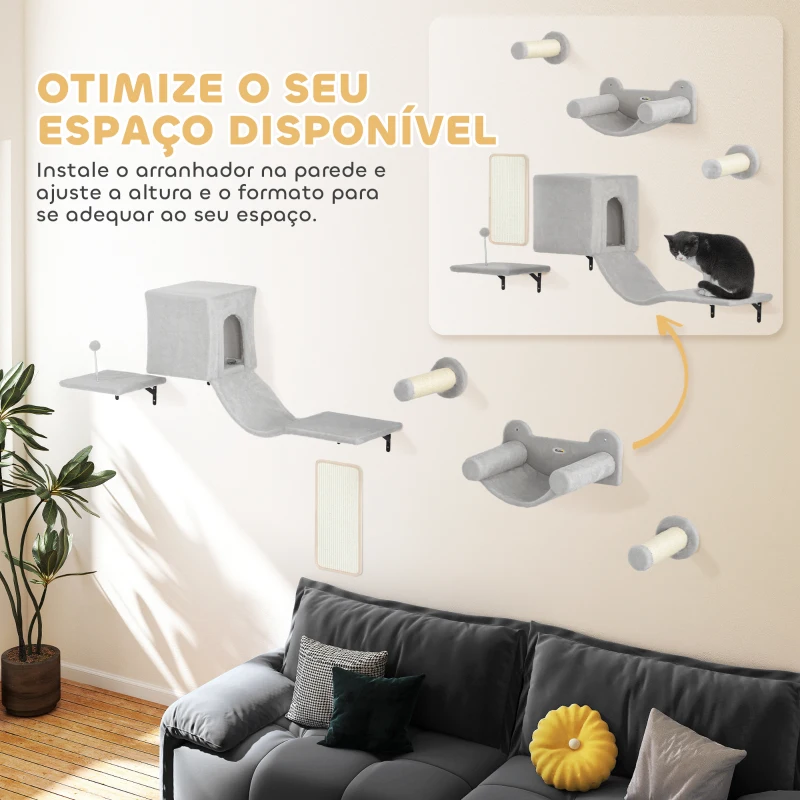 PawHut Conjunto de Prateleiras de Escalada para Gatos de 6 Peças com Placa para Arranhar e Poste de Sisal Cinzento