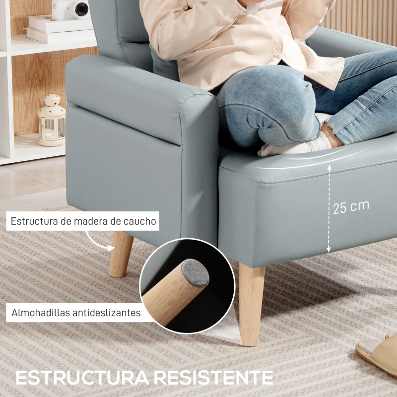 HOMCOM Sillón Tapizado en Cuero Sintético Respaldo con Costuras y Patas de Madera para Salón o Dormitorio 77x78x78 cm Gris