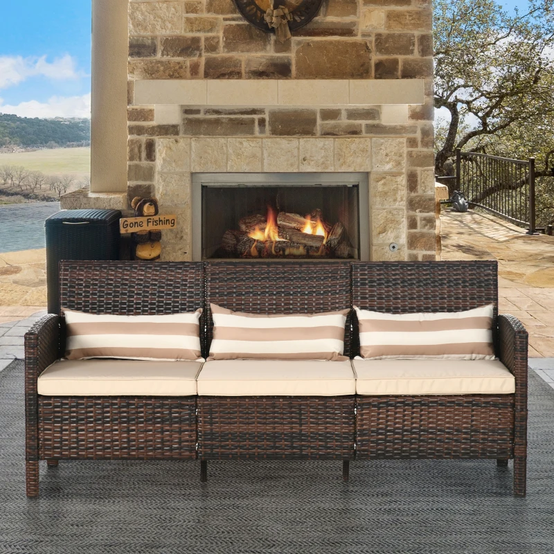 Outsunny rotan bank met kussens, driezits loungebank, staal, grijs, 173 x 68 x 78 cm Outdoor loungebank kussen driezits bruin