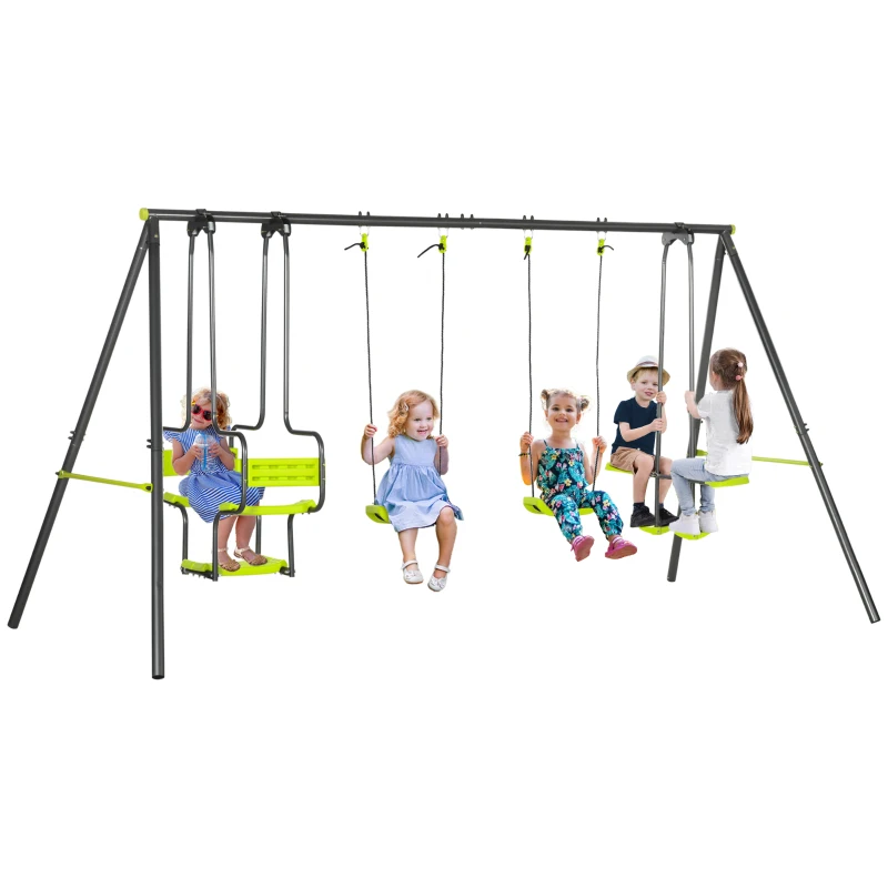 Outsunny Metal Garden Swing Set with Double Swings, Glider, Swing Seats - Green
