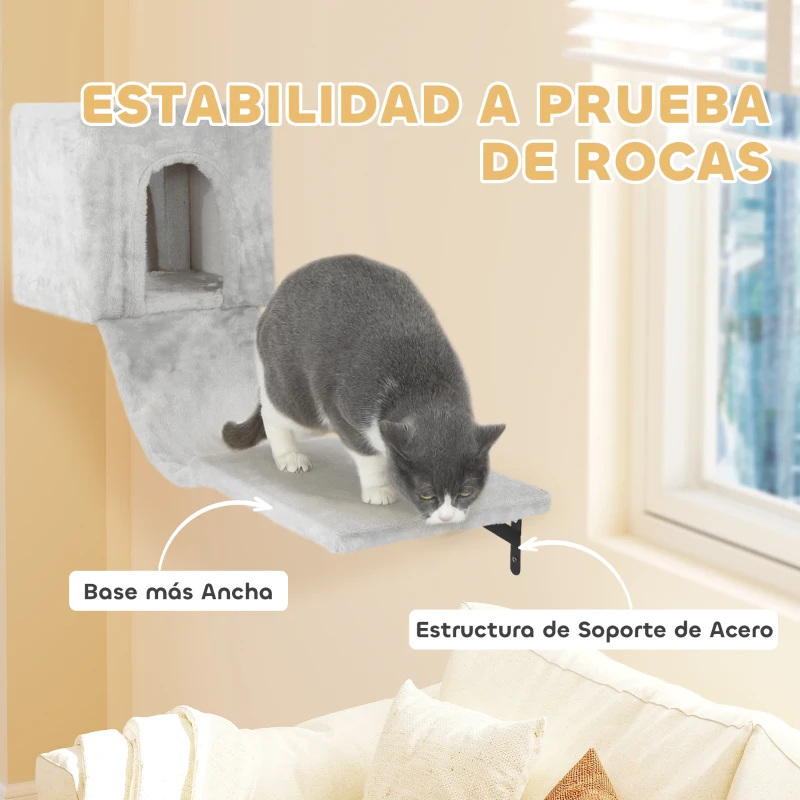PawHut Juego de Escalada para Gatos de Pared de 6 Piezas con Condominio Plataforma Hamaca Escaleras y Tabla de Rascar Gris