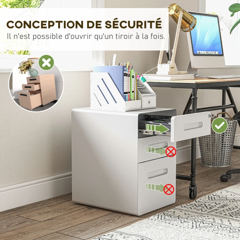 Vinsetto Caisson bureau mobile verrouillable avec 3 tiroirs pour format A4, lettre, légal, 39 x 48 x 59 cm, blanc