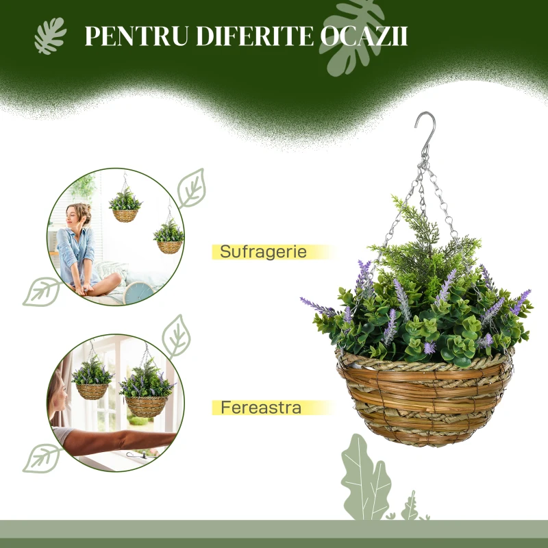 Outsunny Set 2 Plante Artificiale de Lavandă cu Ghiveci și Cârlig, Ø25x34 cm, Verde și Violet(m-5)