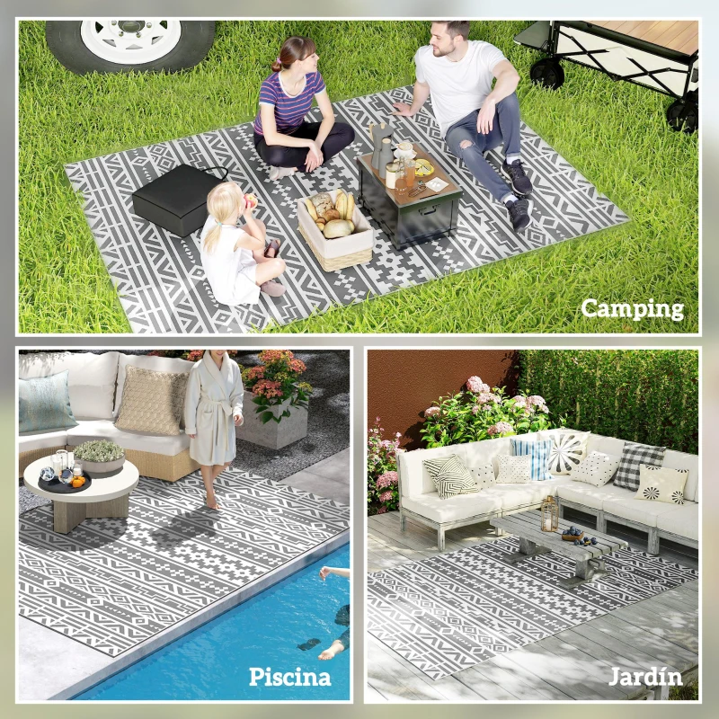 Outsunny Alfombra de Exterior Reversible 182x274 cm con Patrón Geométrico de Cenefa Impermeable con Bolsa Gris y Blanco