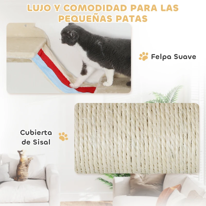 PawHut Juego de Escalada para Gatos de Pared de 6 Piezas con Hamacas Plataformas Tabla Rascador Escaleras y Estrellas Beige