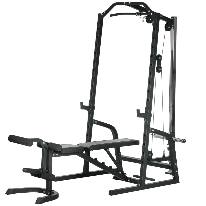 SPORTNOW Smith Machine & Cable Pulley System with Adjustable Weight Bench, Multifunction Home Gym Power Rack with Lat Pull Down System, Barbell Rack for Full Body Training, Black