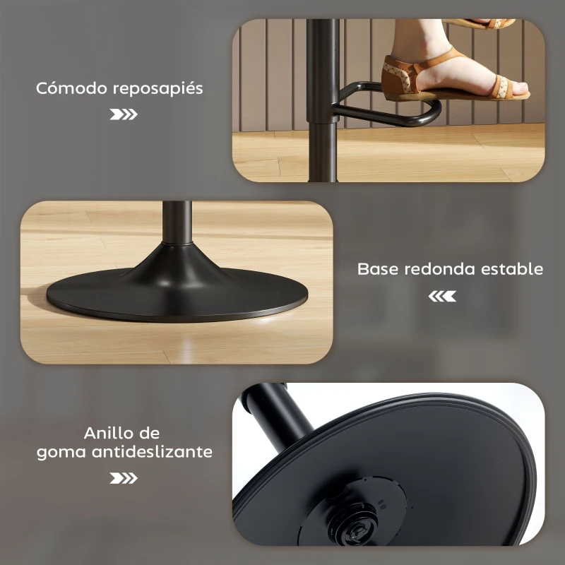HOMCOM Conjunto 2 Taburetes Altos Ajustables 360° con Respaldo y Reposapiés para Cocina Bar o Comedor 40,5x44x84-104 cm Negro