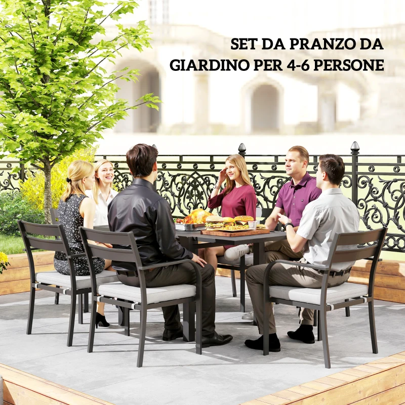 Outsunny Set da Giardino con Tavolo Allungabile e 6 Sedie Impilabili con Cuscini, Grigio
