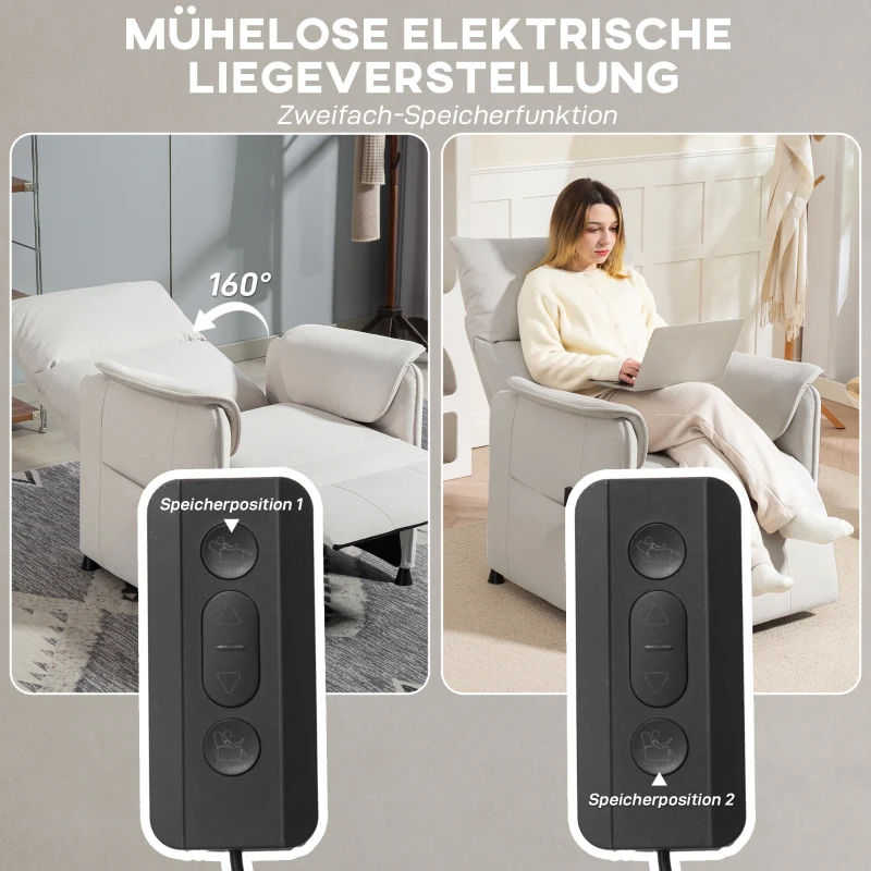HOMCOM Relaxstoel met stille motor, gestoffeerde stoel met robuuste stof, geheugenfunctie, verstelbare voetensteun, Crèmewit(m-5)
