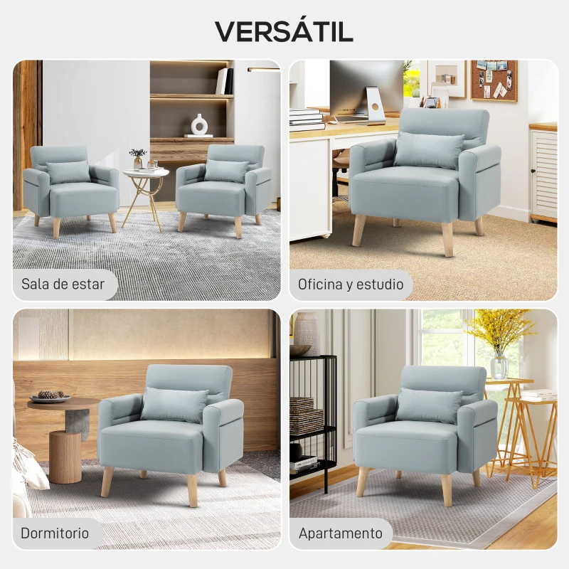 HOMCOM Sillón Tapizado en Cuero Sintético Respaldo con Costuras y Patas de Madera para Salón o Dormitorio 77x78x78 cm Gris