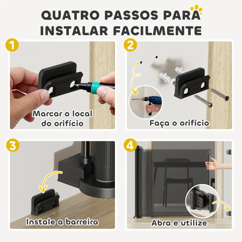 PawHut Barreira de Segurança para Cães Retrátil 0-136 cm  para Cães Pequenos com Botão de Fecho Preto