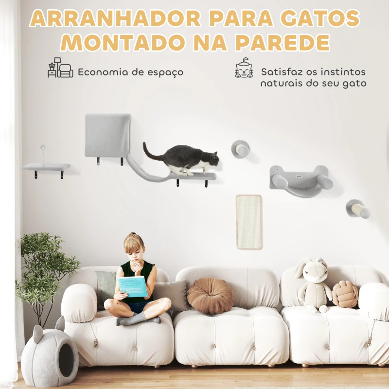 PawHut Conjunto de Prateleiras de Escalada para Gatos de 6 Peças com Placa para Arranhar e Poste de Sisal Cinzento