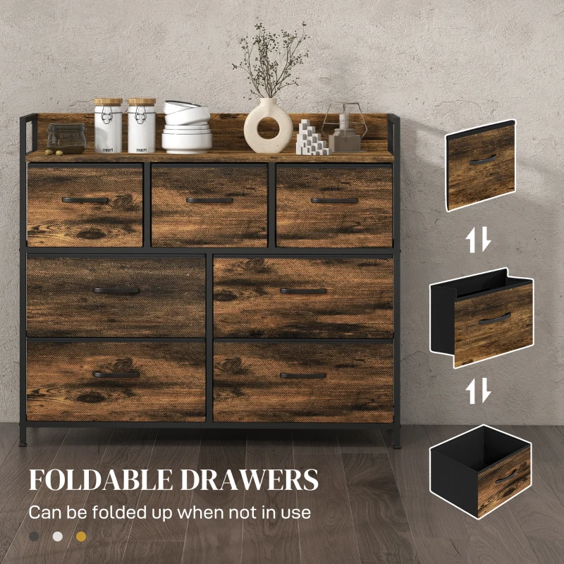 HOMCOM Komoda z 7 Szufladami z Tkaniny, Design Industrialny, Stalowa Rama, 98x29x85cm, Brąz/Czarny