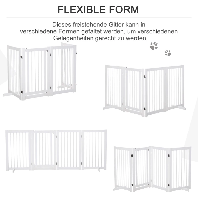 PawHut Absperrgitter Hund 4-teilig, 204 x 75 cm Faltbar Türschutzgitter mit Tür, Freistehend Hundegitter mit 2 Stützfüßen, Treppengitter aus Holz für Flur, Küche, Treppe, Weiß
