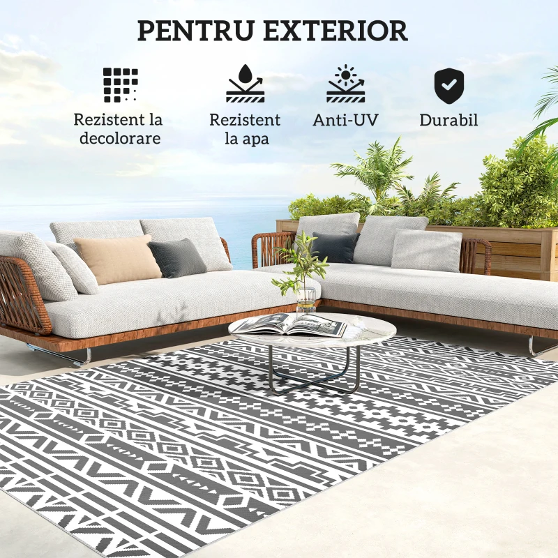 Outsunny Covor Reversibil de Exterior Impermeabil, din Paie de Plastic, 182x274 cm, Gri Închis și Alb