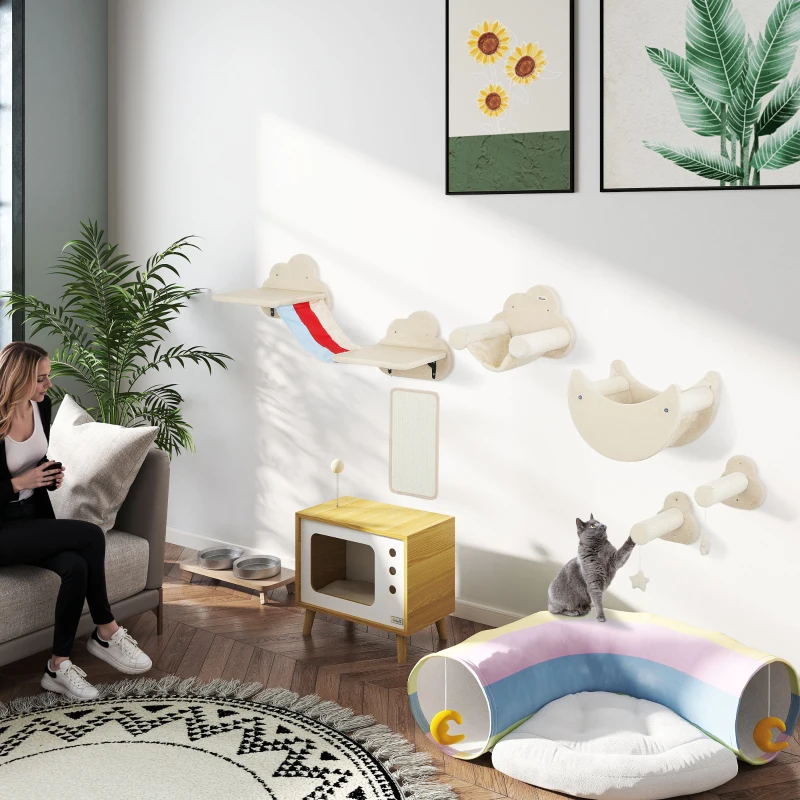 PawHut Conjunto de Prateleiras de Escalada para Gatos de 6 Peças com Rede Plataformas Escadas Tábua de Arranhar e Poste de Sisal Bege