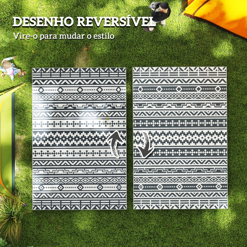 Outsunny Tapete de Exterior 182x274 cm Tapete Reversível com Desenho Geométrico Impermeável e Bolsa de Transporte Cinza Escuro
