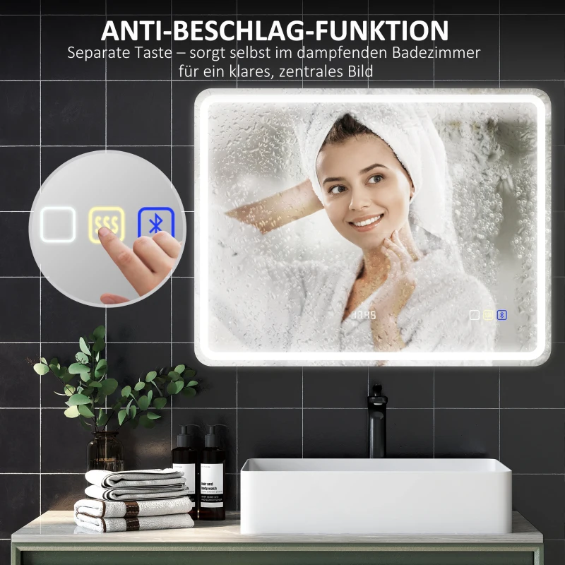 HOMCOM Badezimmerspiegel mit LED-Beleuchtung, Anti-Beschlags-Pad, 3 verstellbare Farben, Uhr, 700 x 900 mm, Silberfarben