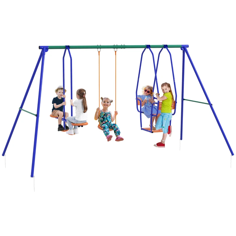 Outsunny Three-In-One Kids Metal Swing Set with Swing, Glider, Rocking Chair Swing, for Ages 3+ years - Orange and Blue
