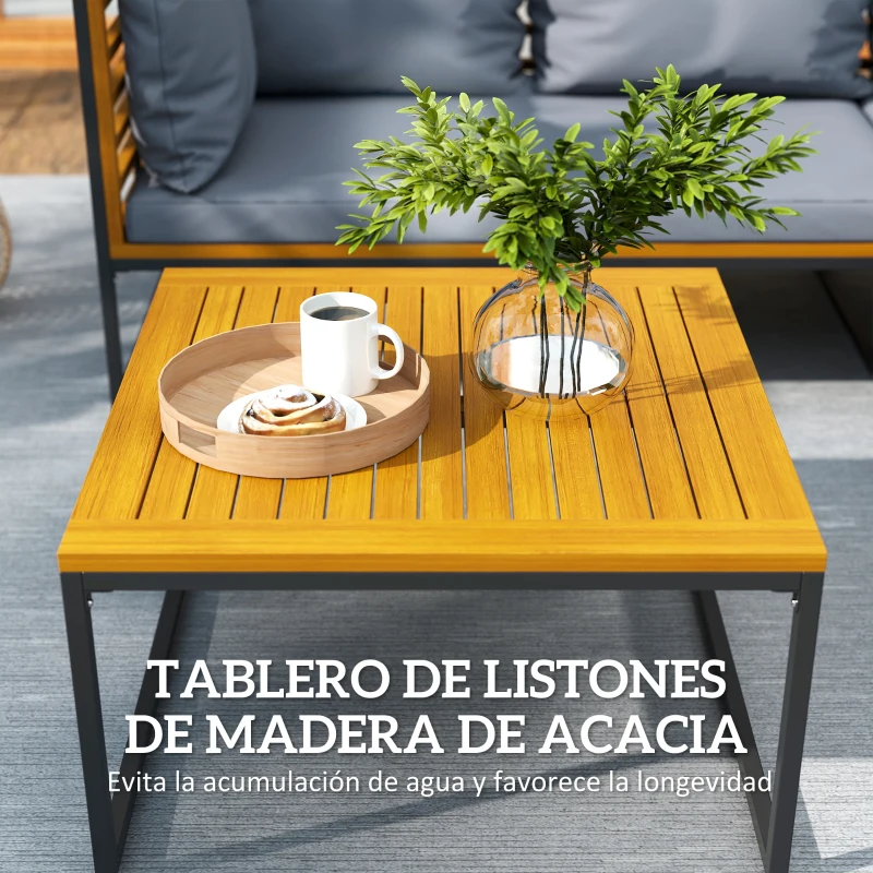 Outsunny Conjunto de Jardín Exterior con 2 Sofás de 2 Plazas Sofá de Esquina y Mesa de Centro de Madera con Cojines Gris y Teca