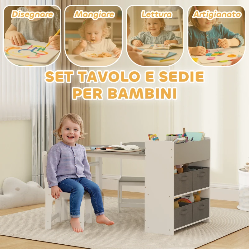 AIYAPLAY Set Tavolo e Sedie per Bambini con 2 Sedie e Tavolino Contenitore, in Legno e Tessuto non Tessuto, Grigio e Bianco