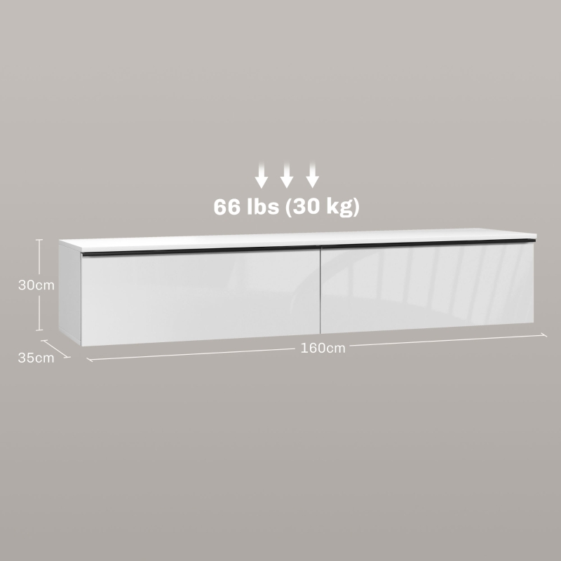 HOMCOM Mobile TV Sospeso con Armadietti con Ante a Ribalta in Legno, 160x35x30 cm, Bianco Lucido
