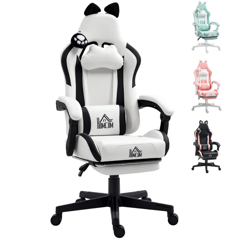 HOMCOM Silla Gamer Reclinable con Altura Ajustable Reposapiés Retráctil Soporte Lumbar y Reposacabezas Desmontable Blanco