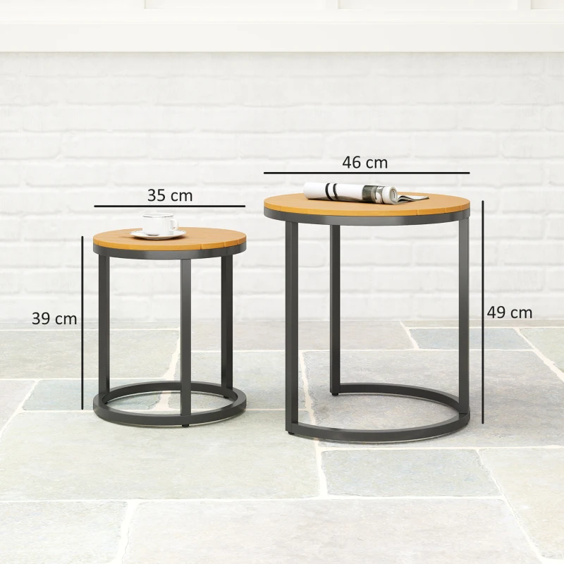 Outsunny Juego de 2 Mesas de Jardín con Encimera de Madera de Acaica Diseño Listones con Marco de Acero y Pies Ajustables Teca