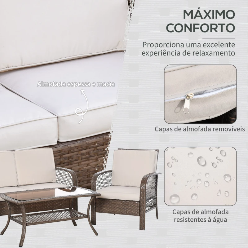Outsunny Conjunto de 4 móveis de jardim de vime PE Poltrona, sofá duplo e mesa de centro com almofadas laváveis para terraço ao ar livre, marrom e cáqui
