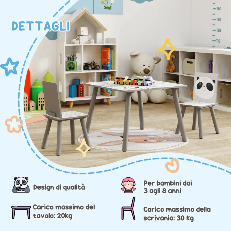 ZONEKIZ Set Tavolino e 2 Sedie per Bambini 3-8 Anni in MDF e Legno di Pino, Grigio