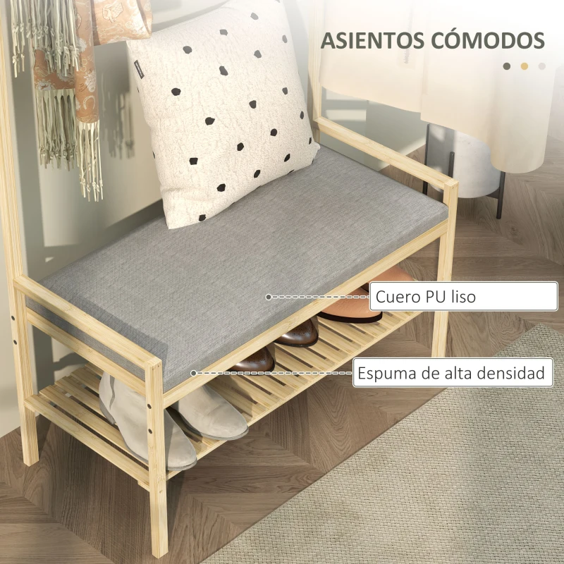 HOMCOM Perchero Zapatero con Banco Ganchos Zapatero y Compartimento de Almacenaje para Entrada 73,5x34x171 cm Gris y Natural