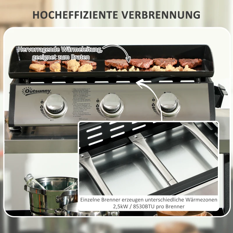 Outsunny Gasgrill mit Deckel, 3 Brennern, Fettauffangschale, antihaft-Platte, 63x47x25 cm, Schwarz/Silber