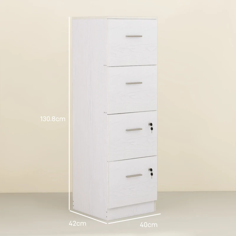 HOMCOM Armadio per Ufficio a 4 Cassetti con 2 Serrature e Barra Portadocumenti, in Legno, 40x42x130.8 cm, Bianco