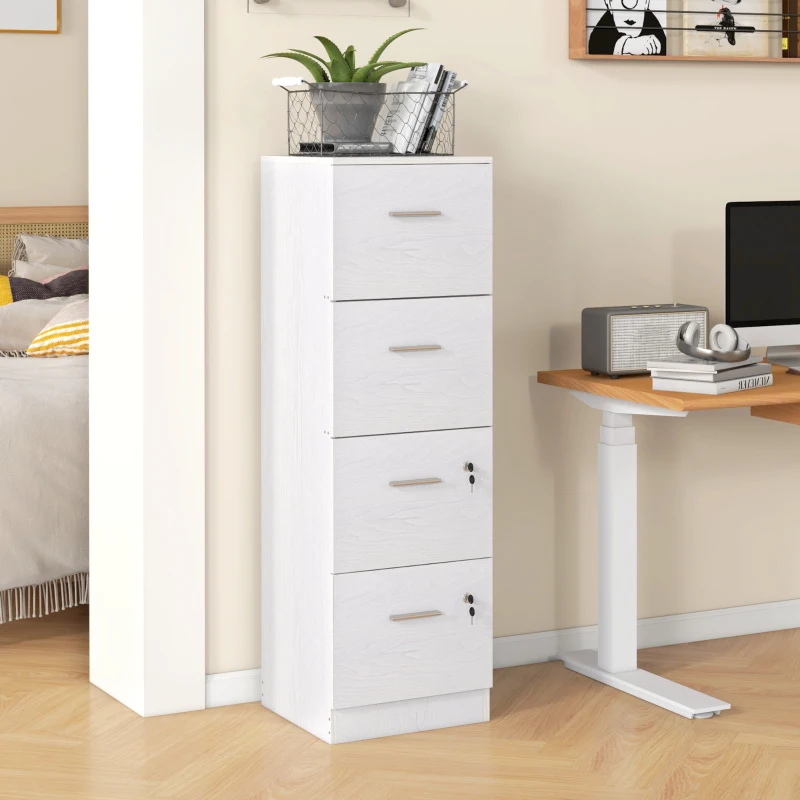 HOMCOM Armadio per Ufficio a 4 Cassetti con 2 Serrature e Barra Portadocumenti, in Legno, 40x42x130.8 cm, Bianco