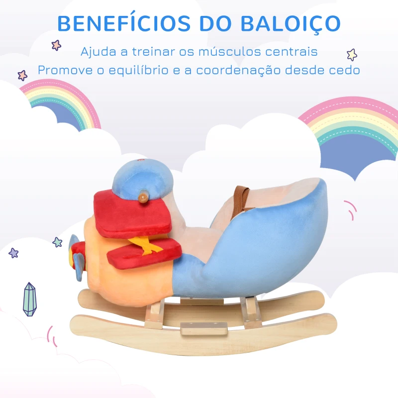HOMCOM Cavalo de Balanço para Crianças +18 Meses Avião de Pelúcia com Música e Cinto de Segurança Cavalo Infantil 60x33x45 cm Multicolorido