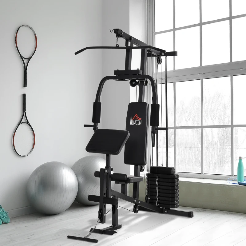 HOMCOM Máquina Multi Estação de Musculação Máquina de Musculação com Estribo para Pernas e Placas de Peso de 45kg para Treinamento Fitness em Casa Academia 148x108x207cm Preto