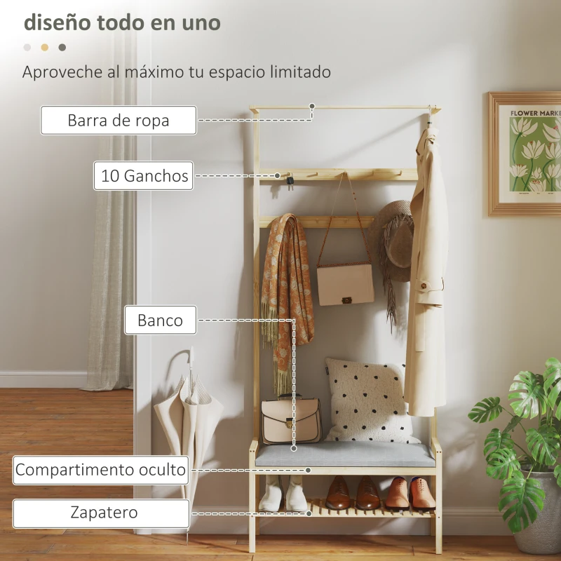 HOMCOM Perchero Zapatero con Banco Ganchos Zapatero y Compartimento de Almacenaje para Entrada 73,5x34x171 cm Gris y Natural