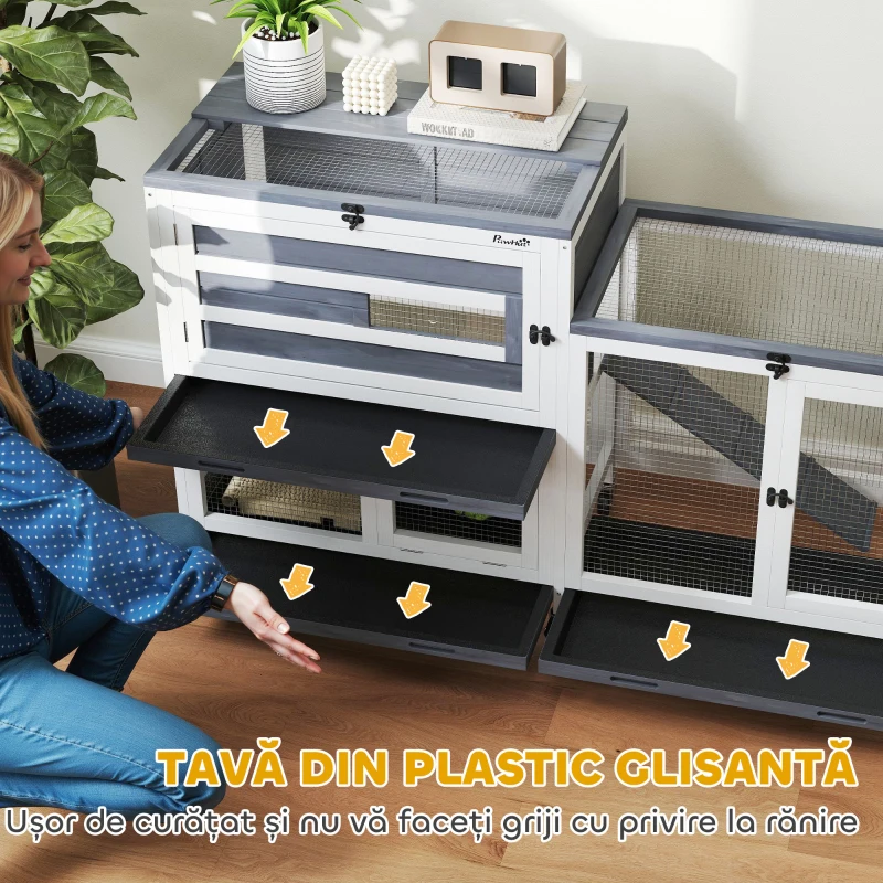 Pawhut Cusca Iepuri 2 Nivele – Gri, cu Roti, Rampa & Acoperis Rabatabil