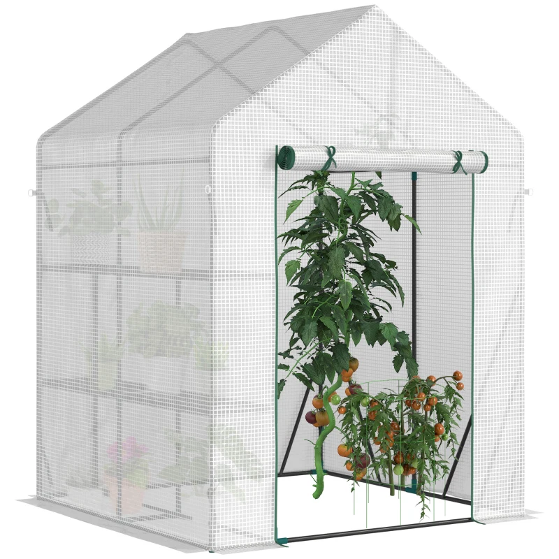 Outsunny Walk In Greenhouse with 2 Tier Shelf, Portable Gardening Plant Grow House Tomato Greenhouse with Roll up Zip Panel Door, Reinforced PE Cover, 143 x 143 x 195cm, Green