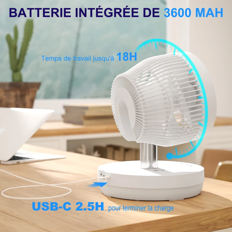 HOMCOM Ventilateur de bureau avec télécommande et batterie rechargeable, alimenté par USB, inclinaison et hauteur réglables, blanc